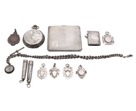 A George V silver cigarette case, by W. T. Toghill & Co., Birmingham 1939; a curb link watch chain; a Continental  silver Hun