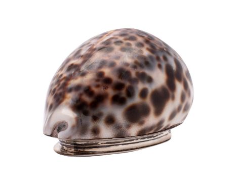 A George III silver mounted cowrie shell snuff box, Edinburgh hallmark, maker R.H., possibly Richard Haxton the hinged cover 