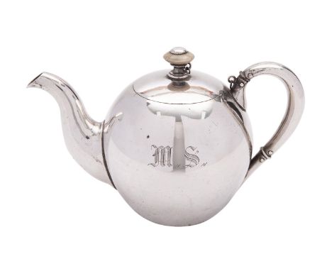 A Russian silver bullet shaped tea pot by Ivan Petrovich Khlebnikov, Moscow 1874, 84 zolotniki, Imperial warrant mark, with a