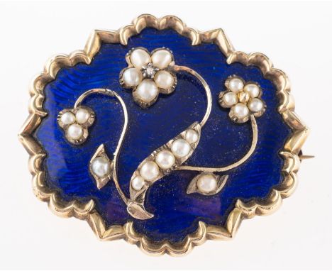 A late Victorian enamel, pearl and diamond brooch, circa 1890, the oval blue enamel panel with a scalloped and pointed border