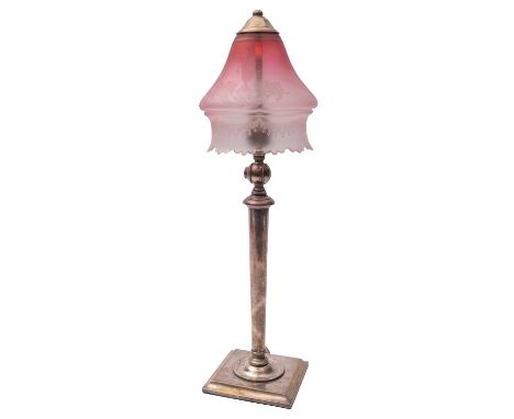 A late Victorian silver plated adjustable electric table lamp and glass shade, not marked, pale pink glass shade, of slender 