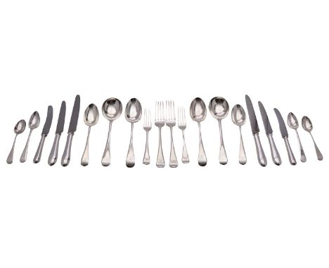 A matched silver old English pattern table service, various dates and makers, mostly early 20th century comprising:Eight tabl