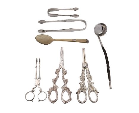 A small collection of silver and plated flatware, including: a George III English pattern provincial sugar tongs by Christian