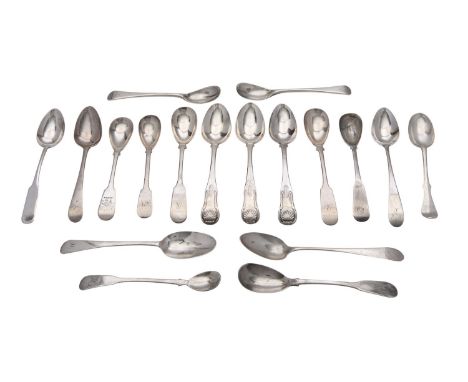 A collection of Scottish and provincial silver small spoons, mainly initialled, including: an Old English teaspoon by John He