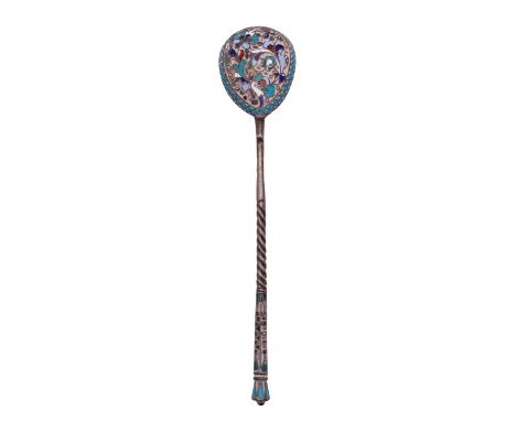 A Russian silver and cloisonne enamel spoon by D. P. Nickitin, 1908-26 Kokoshnik mark for Moscow, 84 zolotniki, the back of t