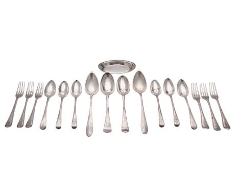 A collection of silver flatware, comprising: five George III old English thread pattern dessert forks and four spoons by Geor