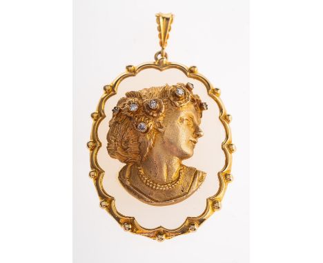A 1970s 9ct gold and diamond cameo pendant, the oval pendant with an applied female profile, her hair set with eight cut diam