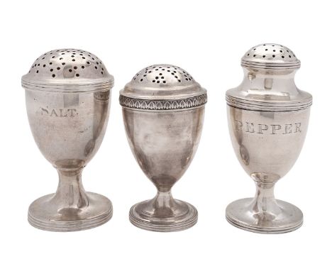 Three silver vase shaped casters, the first Victorian Scottish by Marshall & Sons, Edinburgh 1880, engraved PEPPER, 9cm (3 1/