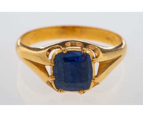 A fine gold ring set with a faceted sapphire of good colour, closed back claw setting, unmarked, weight 4.2 grams, ring size 