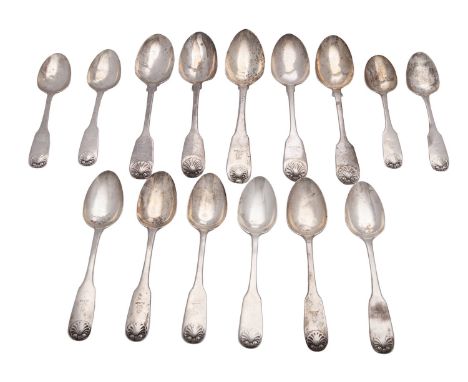 Four Victorian silver tablespoons, various dates and makers, London, Fiddle and Shell; together with an Edinburgh 1816 table 