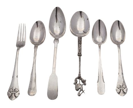 Six pieces of Continental silver flatware, standards vary, including: a Dutch cast handle spoon, pseudo marks, Dutch 1st stan