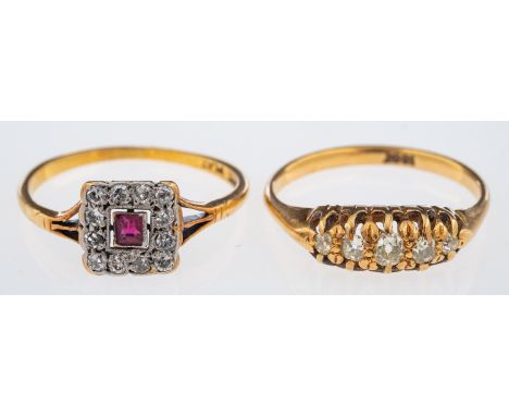 A five stone diamond ring and a small ruby and diamond plaque ring, both 18ct gold    Condition Report  5.1 grams gross 