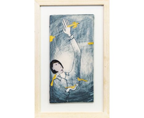 * WENDY KERSHAW (SCOTTISH CONTEMPORARY), CATCH THE MOMENTS AS THEY FLY mixed media collage on ceramic tile, signed and titled