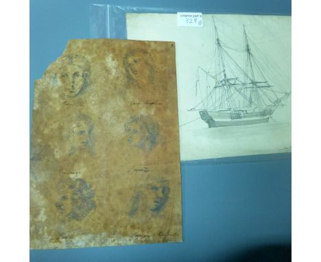 An unframed old master series of six Italian pencil portraits on watermarked paper, together with an 1817 unframed pencil stu
