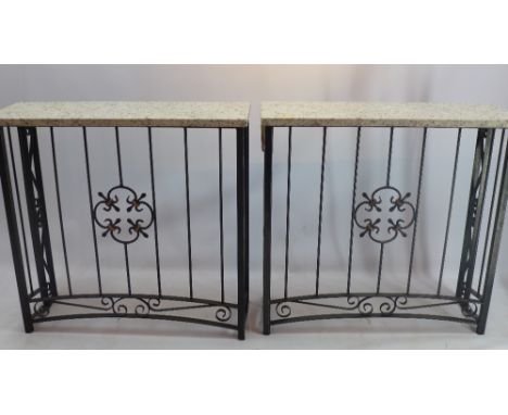 A pair of wrought iron and parcel gilt console tables with marble tops H 97 x W 103 x D 36cm 