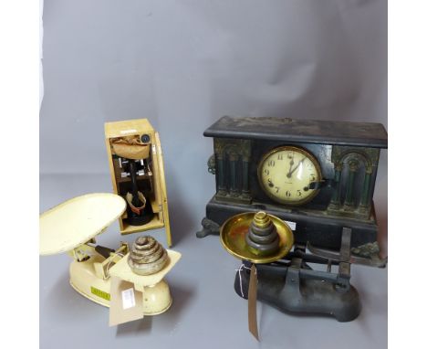 Two vintage scales with weights, together with a cased microscope and an ebonised wood clock, H 28 x W 45 x D 15cm 