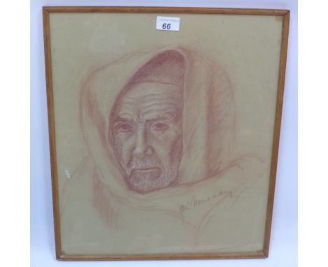 British school, very fine orientalist pencil portrait study of a man in a tunic, signed and dated 1963, H 47 x W 41cm