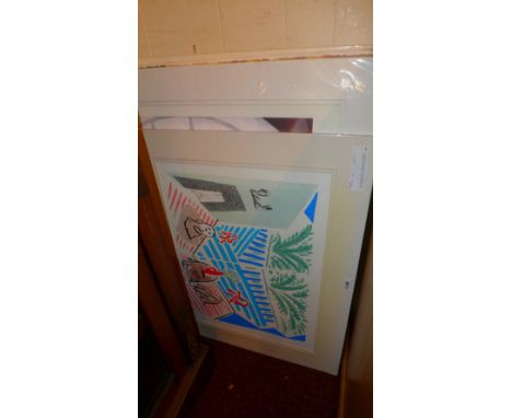 A collection of unframed prints including a David Hockney print and others, largest H 96 x W 72cm 