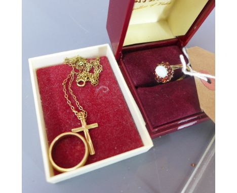 An opal and silver gilt ring together with a 9ct gold ring and a crucifix on chain