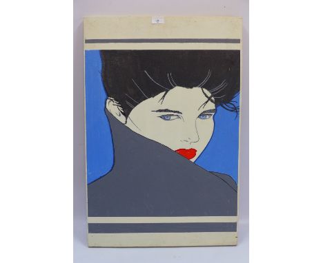 Manner of Patrick Nagel (1945-1984) preliminary study, gouache and oil on paper mounted on board, bust portrait of a woman in