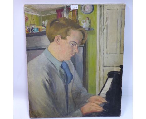 Daphne Charlton, an unframed oil on canvas portrait of a man playing a piano, signed, details to verso (a/f) H 81 x W 51cm 