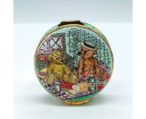 Charming hand painted music box depicting two bears having lunch. Handcrafted enamel on copper. Made by Crummles backstamp. T