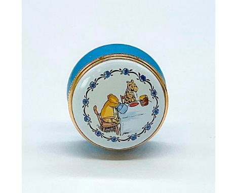 Miniature collector's box featuring a hand painted image of Winnie the Pooh and Tigger at the breakfast table surrounded by b