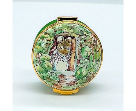 Green and Gold enamel keepsake box featuring Mrs. Tittlemouse from the popular Beatrix Potter story tale The Tale of Mrs. Tit