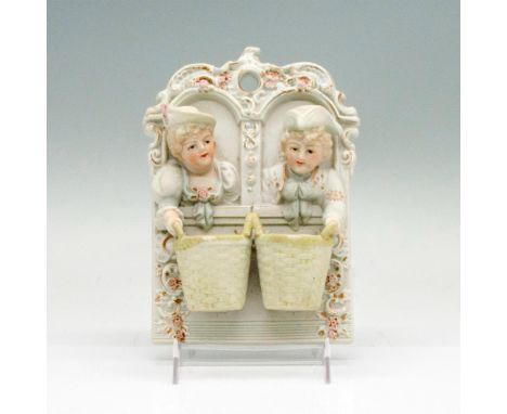 Featuring a man and woman holding baskets outside the balcony windows. Gold and pink embellishments handpainted item. Chase b