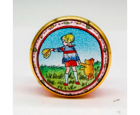 Hand painted miniature enamel with gilt screw on top showing scene of Christopher Robin and Pooh on red base. Halcyon Days ba