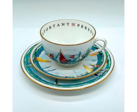 Inside rim of cup says to a very important person. Cups and saucers have sailboats and other nautical imagery. Cup: 5.25"L x 