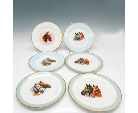 All plates have gilt edge and horse bust in center with colored perimeters in light blue and sage. Shelley backstamp. Issued: