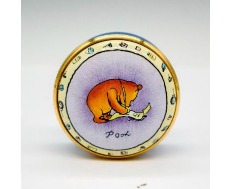 Hand painted enamel with gilt edge screw on top showing scene of Pooh writing set on lavender background. Halcyon Days backst