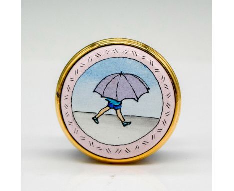 Tut Tut it Looks like Rain. Hand painted miniature enamel box with gilded edge screw top displaying Christopher Robin under a