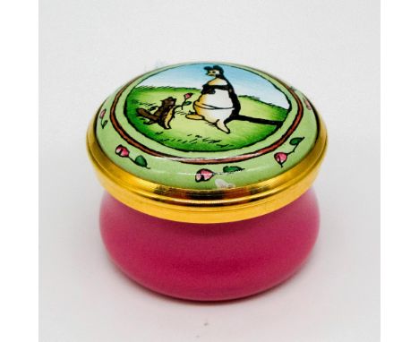 Screw on cap with gilt edge on pink enamel base. Halcyon Enamels backstamp. This item has its original box: 2.75"L x 3"W x 1.
