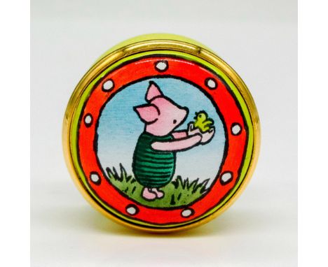 Hand painted miniature enamel box with gilt edge screw top displaying Piglet with Chick. Halcyon Days backstamp. This item ha