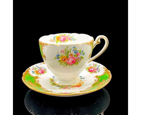 Vintage white bone china with pink, blue, red and yellow flowers, gilt rims. Tea cup 3.75"L x 3.25"W x 2.5"H. Saucer 0.75"H x