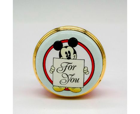 Hand painted miniature enamel box with gilded edge screw top displaying scene Mickey holding sign For You. Halcyon Days backs
