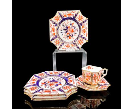 Porcelain decorated in a cobalt blue, red and gold floral design. Four sandwich plates 6.75"L x 6.75"W x 0.5"H. Tea cup 4"L x