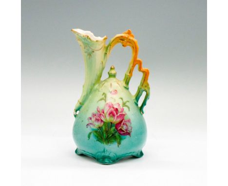 Vintage blue, green and orange, Victorian pitcher with pink wild flower design and gold flourish. Matte exterior finish with 