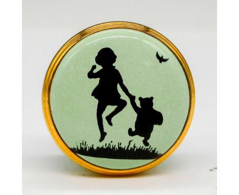 Hand painted miniature enamel with gilt screw on top showing silhouette scene of Christopher Robin and Pooh on green backgrou