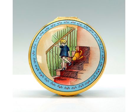 A light blue trinket box depicting Christopher Robin walking downstairs while holding Winnie the Pooh. Sketches of Christophe