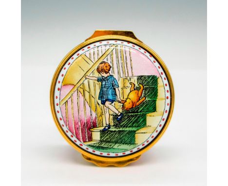 Hand painted enamel box with gilt hinged edge displaying Christopher Robin and Pooh. Halcyon Days backstamp. This item has it