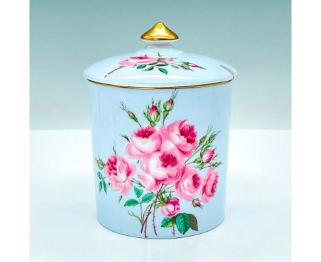 Elegant, covered porcelain jar in light blue glaze and decorated with pink roses. Shelley backstamp. Issued: 20th CenturyDime