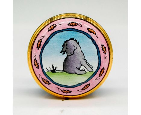 Hand painted miniature enamel with gilt edge screw on top displaying figure seated. Colored with lavender rim on blue base. H