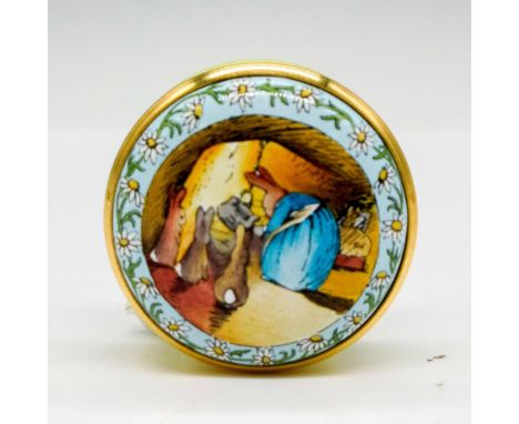 Hand painted bunny scene on gilt screw top with yellow enamel base. Halcyon Days backstamp. This item has its original box: 2