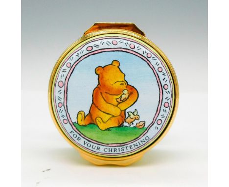 Hand painted enamel box with gilded edge opening displaying figure seated with baby chicks. Halcyon Days backstamp. This item
