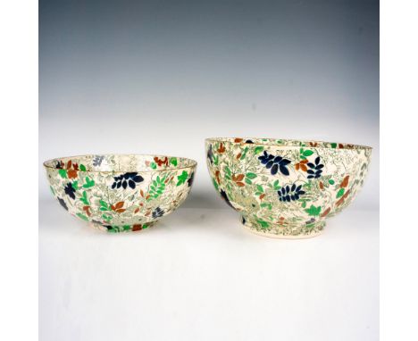 Vintage large and medium hand painted floral Bone China set. Gilded rims. Royal Cauldron England backstamp. Largest bowl meas