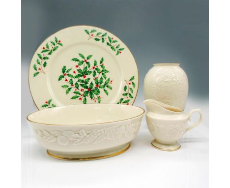 Includes holly platter with gilt rim 11.5"dia., oval side dish with raised design and gilt edges 10"L x 7"W x 3.25"H, vase 7.