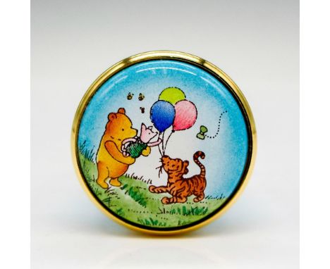 Hand painted enamel box with gilded edge screw top displaying Pooh, Tigger and Piglet. BB backstamp. This item has its origin
